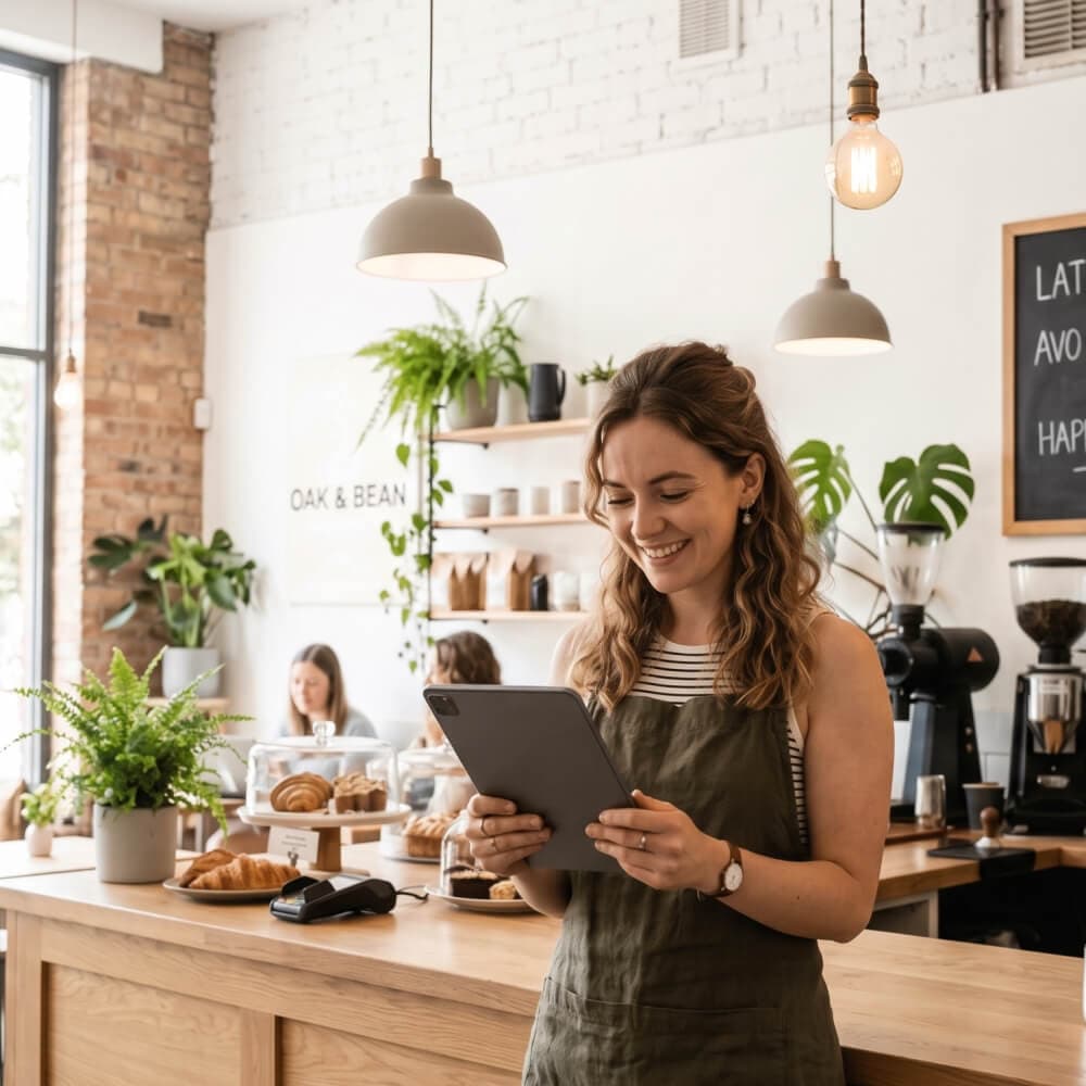 A café owner customising her app on a tablet behind the counter