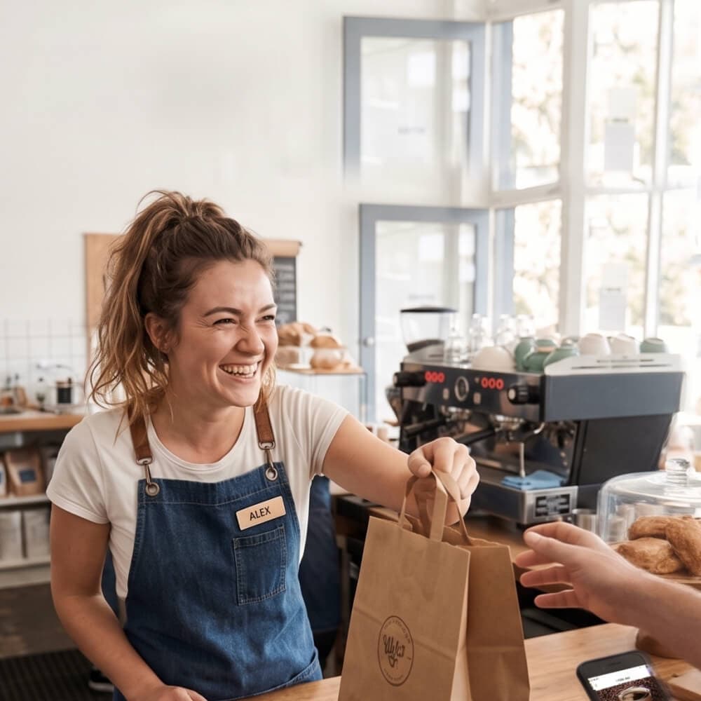 A barista handing a customer their order, ready on a phone